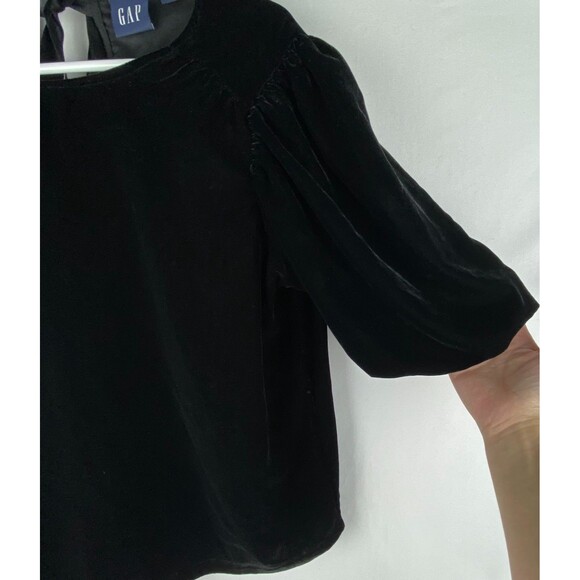 Gap Blouse Womens Medium Black Velvet Puff Sleeve Top Keyhole Ribbon Tie Holiday - Picture 5 of 12